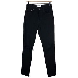 Reformation Black Sierra High Rise Skinny Jeans Destroyed Knee Button Fly 26